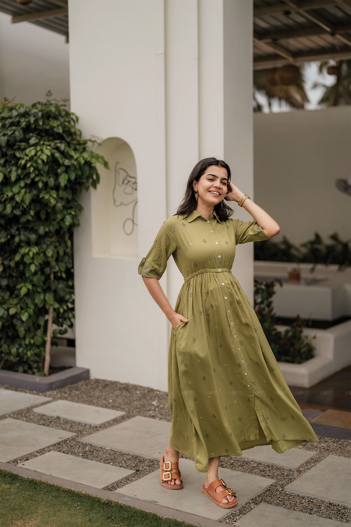 Goldenrod Green Viscose Dress with Shirt Collar & Elbow Sleeves