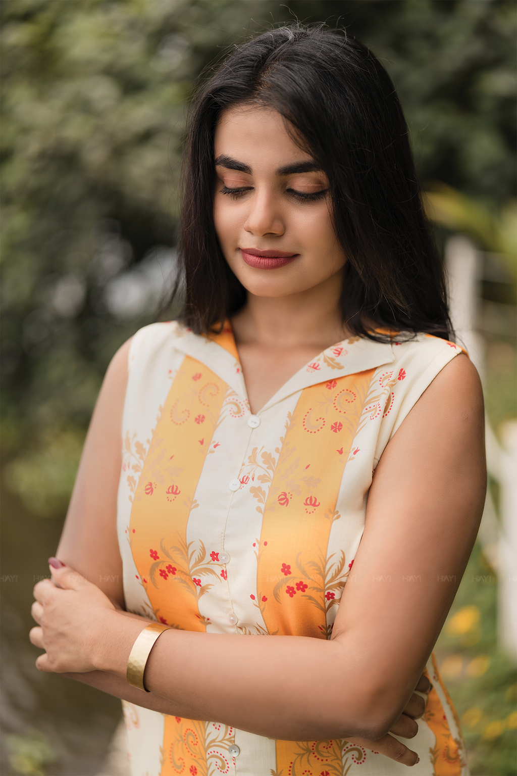 Sylan Yellow with Sunshine floral printed Linen Blend Kurta with attached 3/4th Sleeves