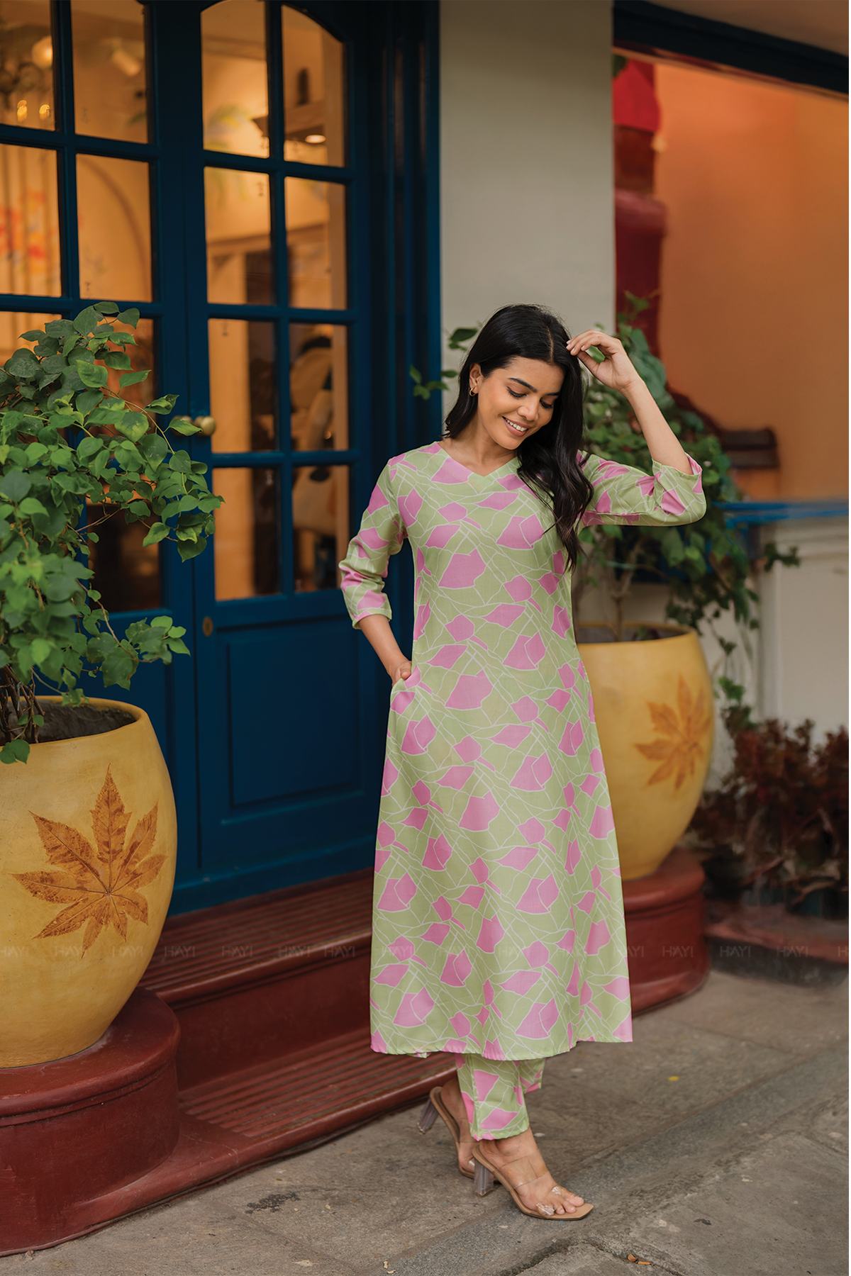 Rinth Green with Whimsical Bloom printed Linen Blend Co-ords