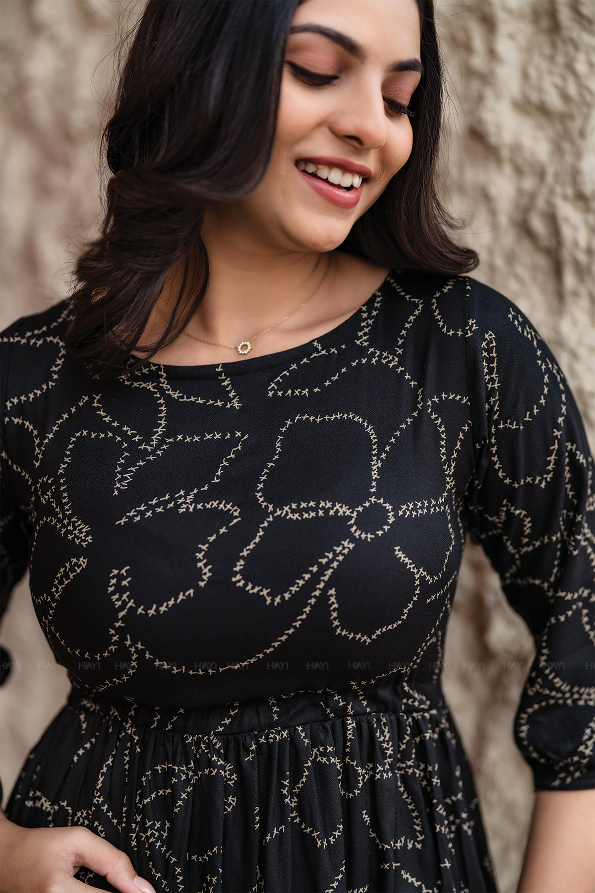 Dusklure Black Viscose Dress with Boat Neck & 3/4th Sleeves