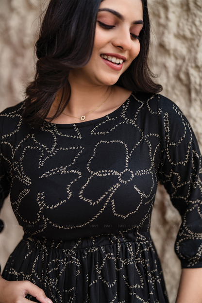 Dusklure Black Viscose Dress with Boat Neck & 3/4th Sleeves