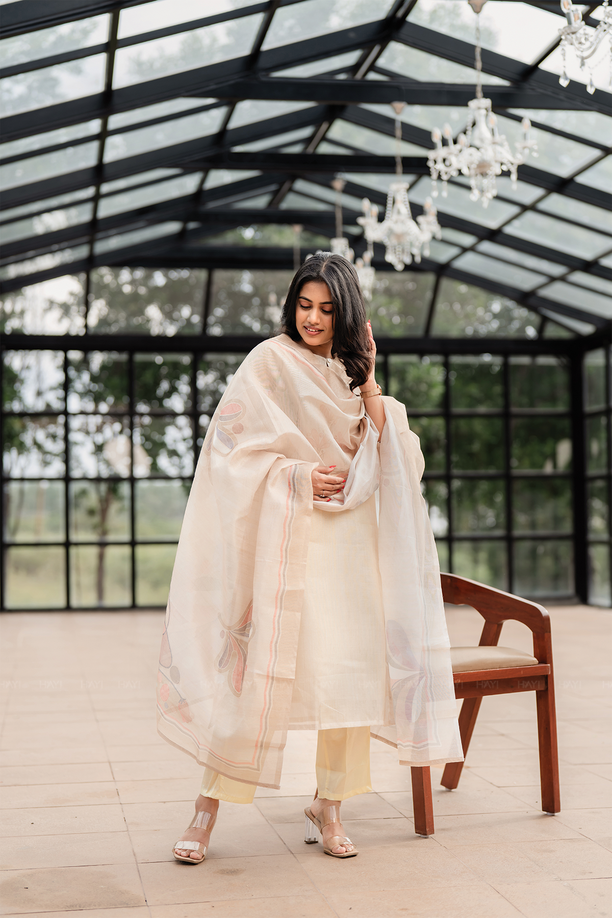 Pearl Off-White 2 Piece Silk Blend Placement Printed Embroidery Kurta with Pant & Dupatta