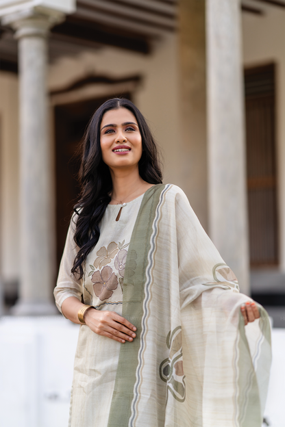 Pista Noor 3 Piece Tussar Silk Blend Printed Embroidery Kurta with Pant & Dupatta