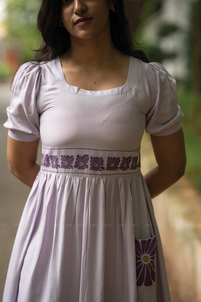 Floral Flow Lavender Viscose Dress with Square Neckline & Puff Sleeves
