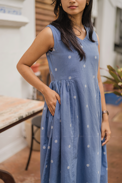 Ocean Polka Blue Handloom Cotton Dress With V Neckline