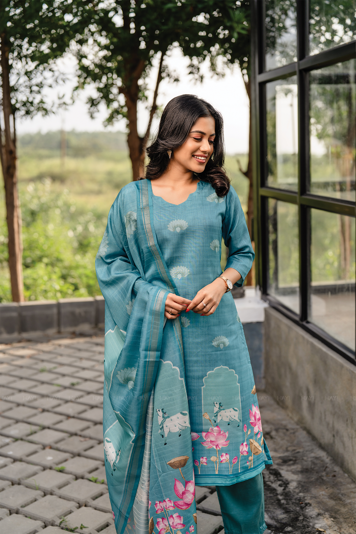Lotus Charm Blue 3 Piece Tussar Silk Blend Printed Kurta with Pant & Dupatta