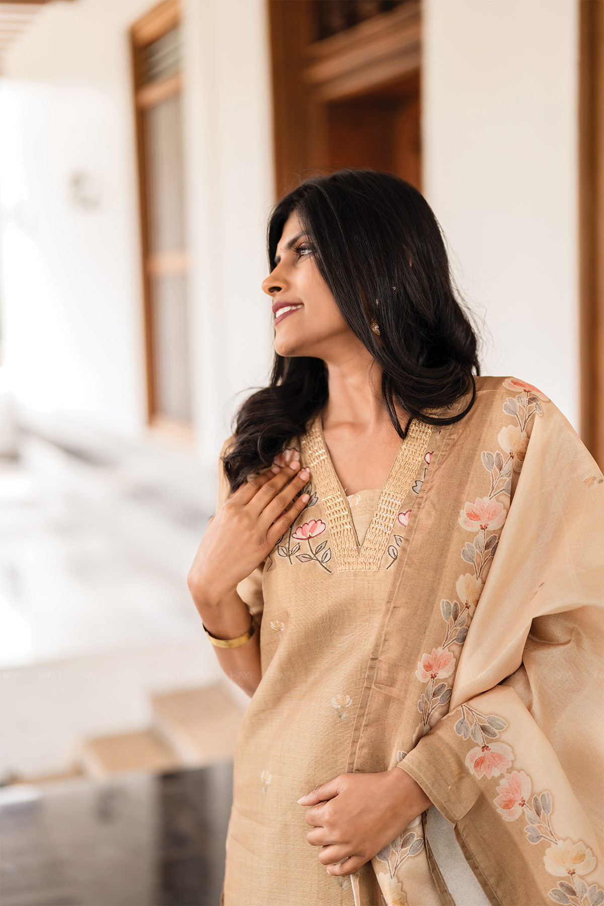 Classic Natural Yellow 3-Piece Tussar Silk Blend Floral Hand-Embroidered Kurta with Pant & Dupatta