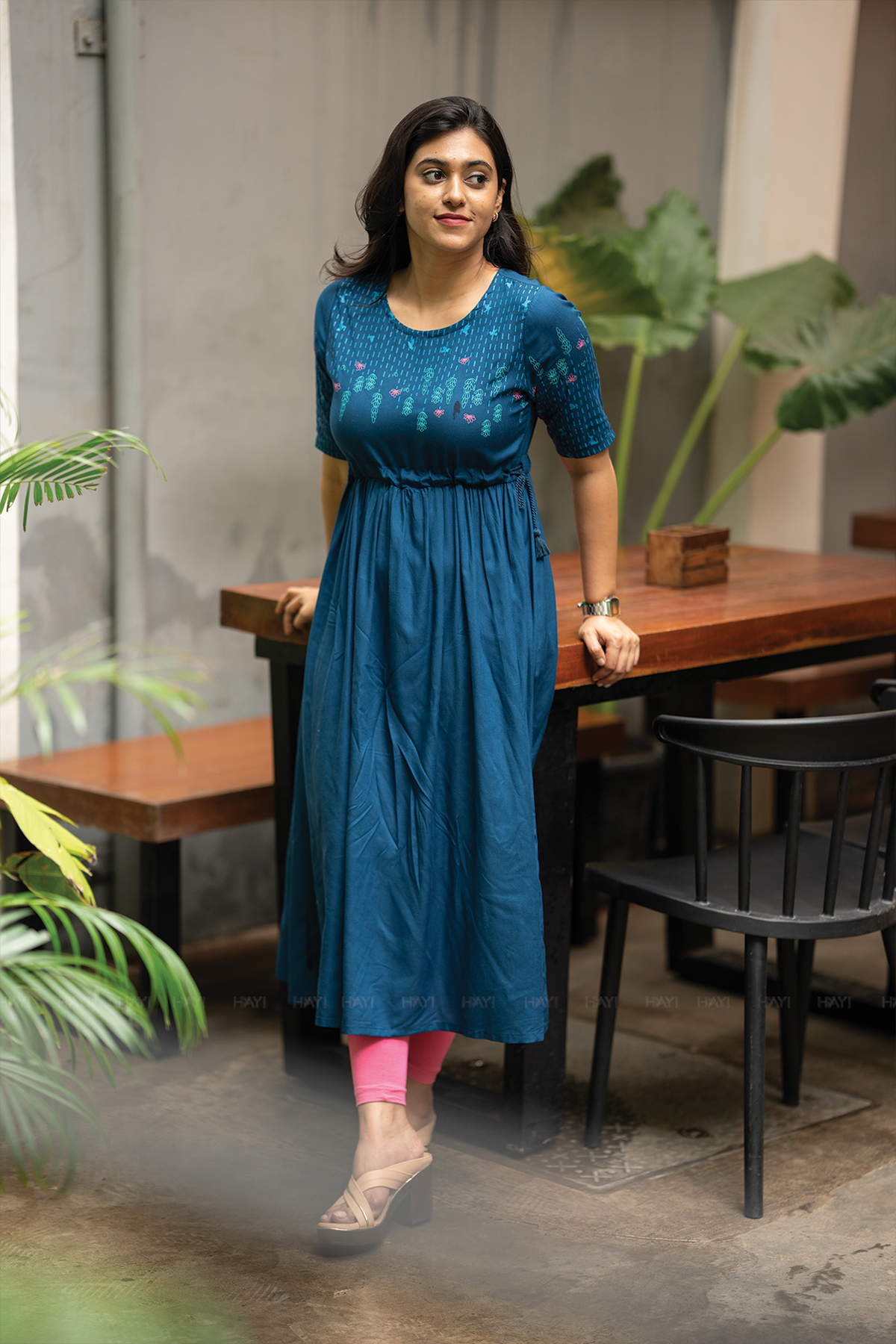 Blue Dessert Blue Viscose Dress with Round Neck & Placement Detail