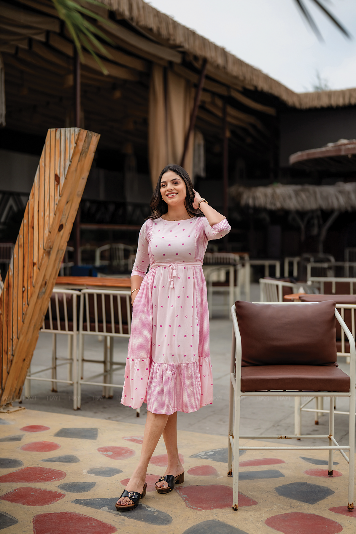 Pink Wink Viscose Dress with Boat Neck 3/4 Sleeves & Dual Print Design