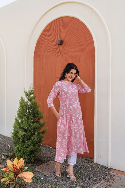 Blush Tale Pink A-line Dress with Chinese Collar & 3/4th Sleeves