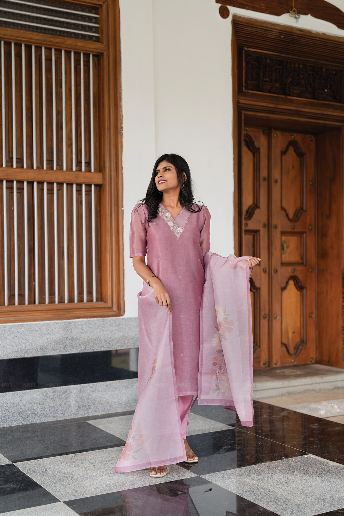 Pinkshift Shimmer 3 Piece Tissue Hand-Embroidered Kurta with Pant & Dupatta
