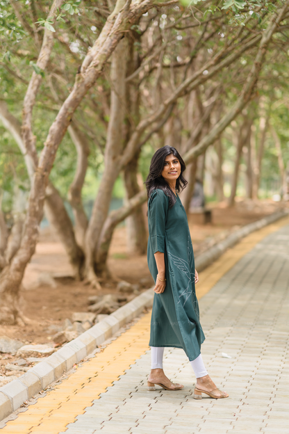 Tender Green with Wings Of Dusk Linen Blend A-line Dress