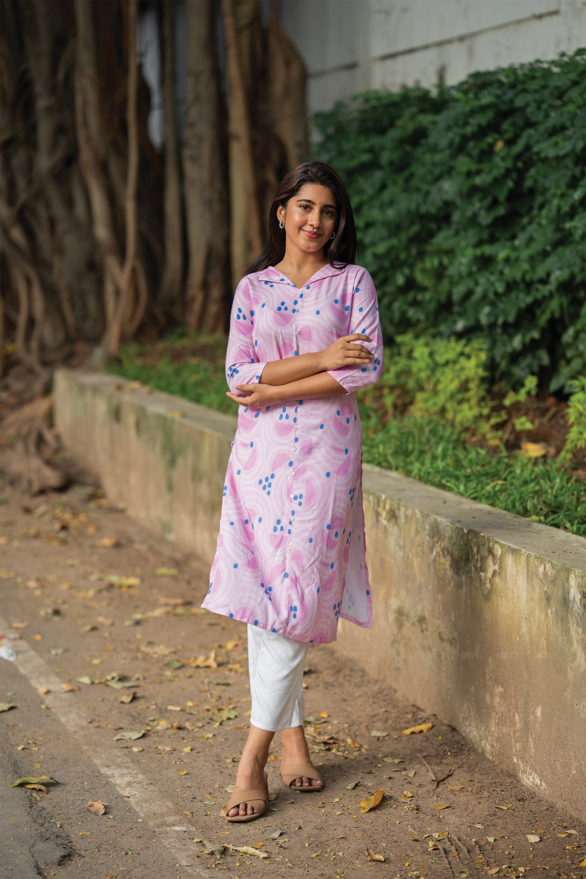 BreezeLine Pink Viscose Kurta with V-Flap Collar Neck & 3/4 Sleeves
