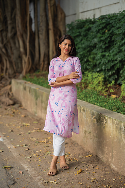 BreezeLine Pink Viscose Kurta with V-Flap Collar Neck & 3/4 Sleeves