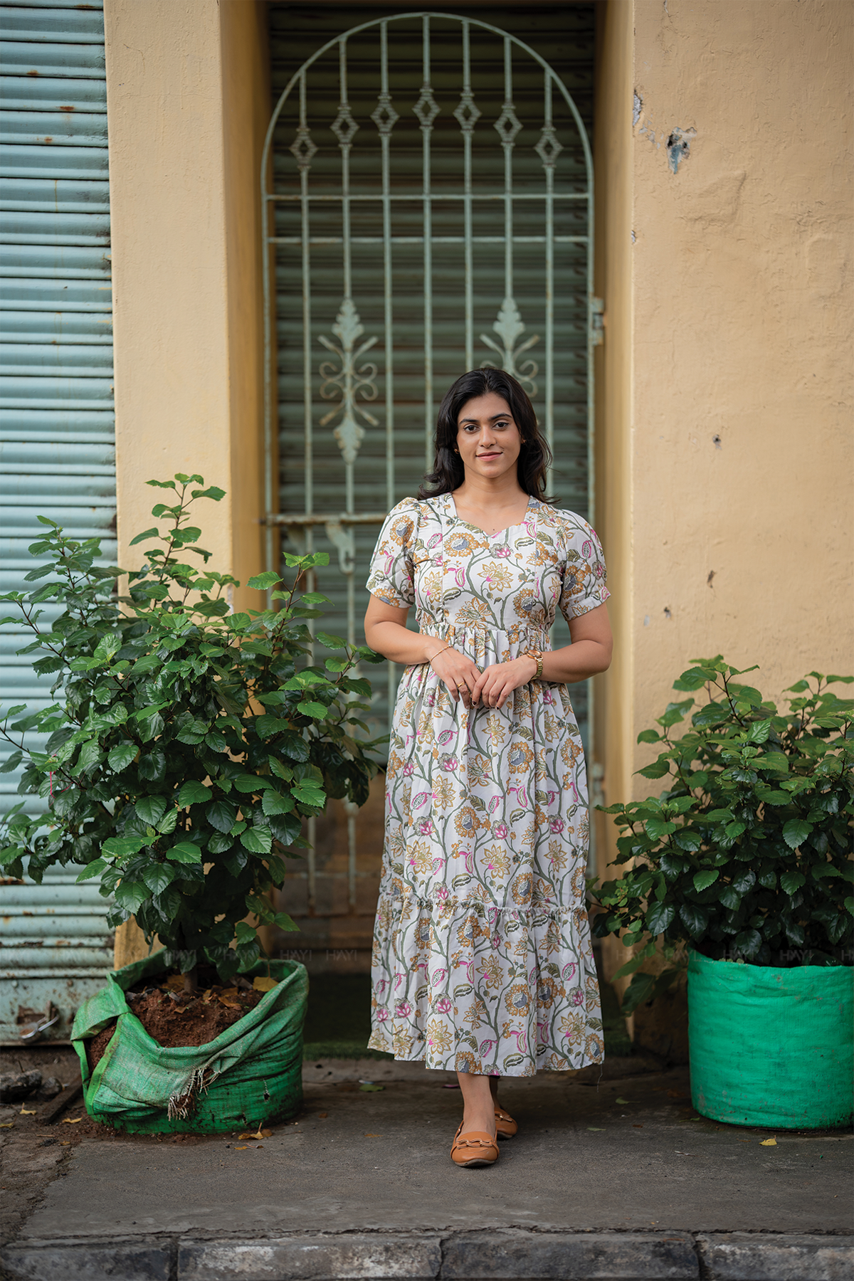 Zarika Beige floral printed Maternity and Feeding Cotton Blend Dress