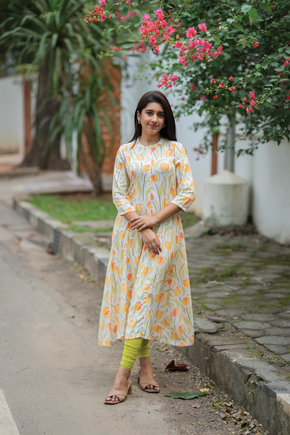 Garden Melody Off-White Viscose A-Line Kurta with Chinese Collar & 3/4th Sleeves