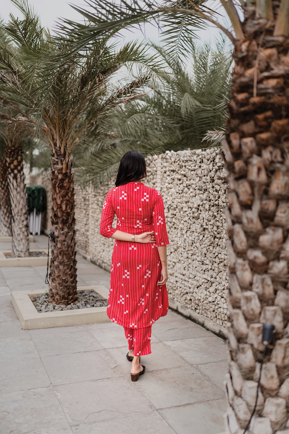 Blush Streak Red Viscose Co-ord with Chinese Collar & 3/4th Sleeves