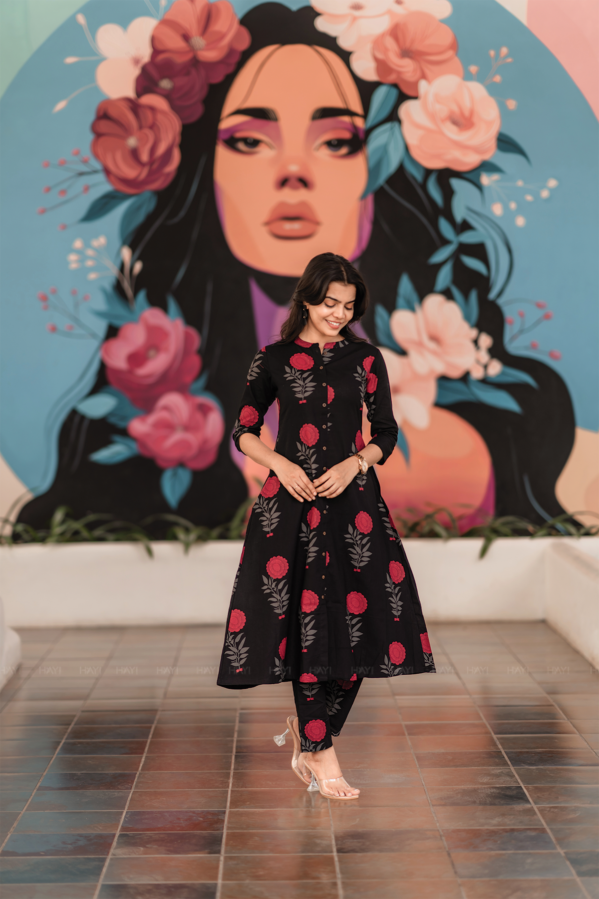 Fuchsia Mist Black Cotton Co-ord with Chinese collar & 3/4th sleeves