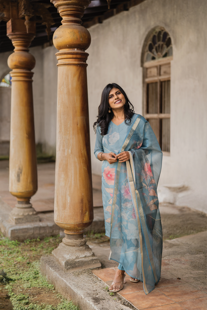 Blush Horizon Blue 3 Piece Shimmer Tissue Blend Floral Placement Print Kurta with Pant & Dupatta