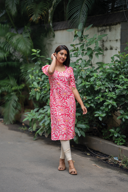 Floral Dream Pink Viscose Kurta with Sweetheart Neck & Leg-O-Mutton Sleeves