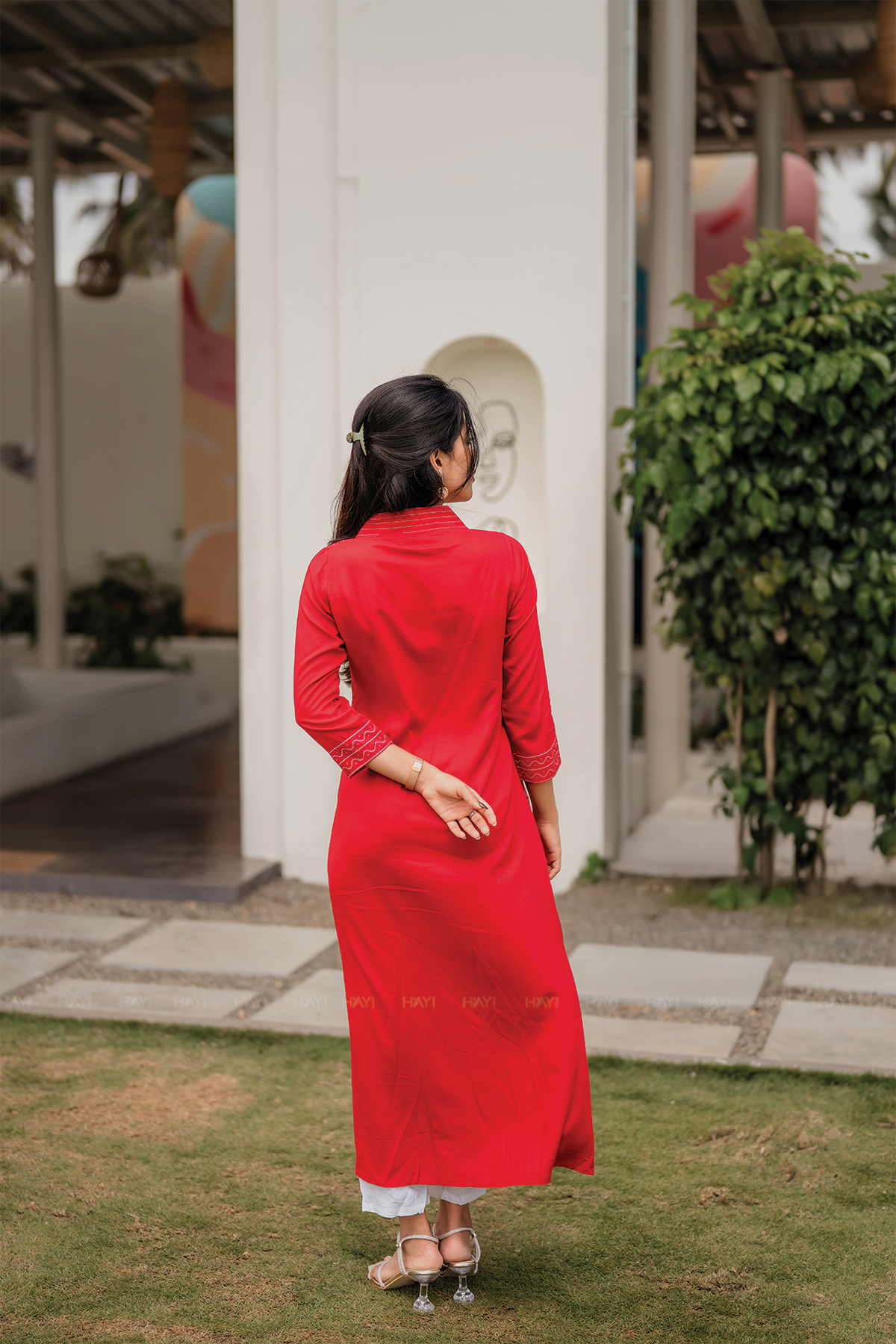 Red Muse Viscose A-line Dress with V-Neck & 3/4th Sleeves