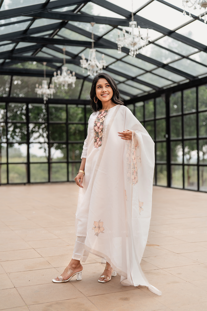 Lavira petal Off-White 3 Piece Silk Blend Embroidery Kurta with Pant & Dupatta