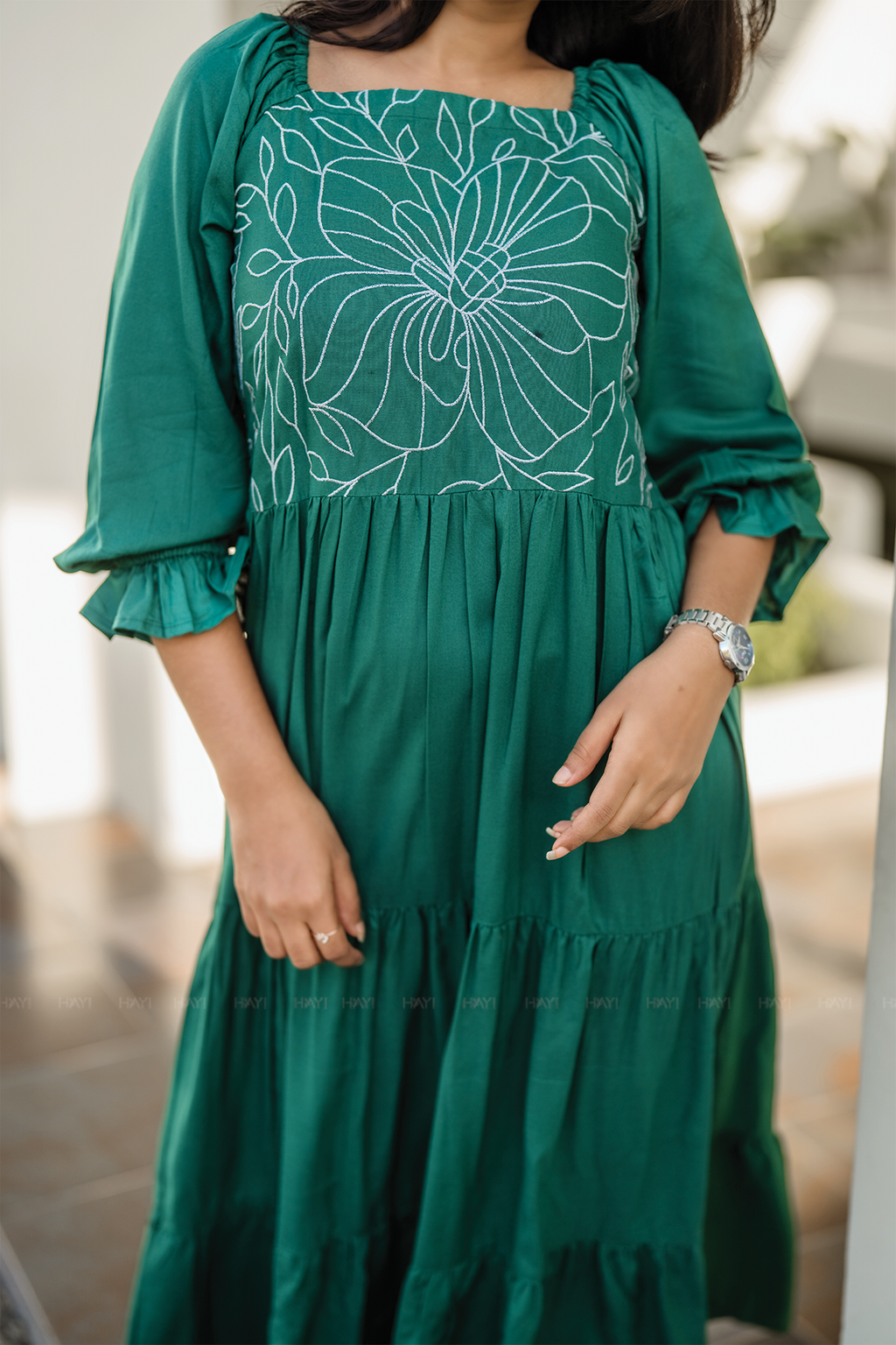 Green Floral Whimsy Green Viscose Dress with Shoulder Elastic & Embroidery