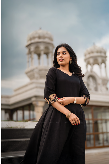 Elephora Black Viscose Foil Printed Anarkali with V-Neck & 3/4 Sleeves