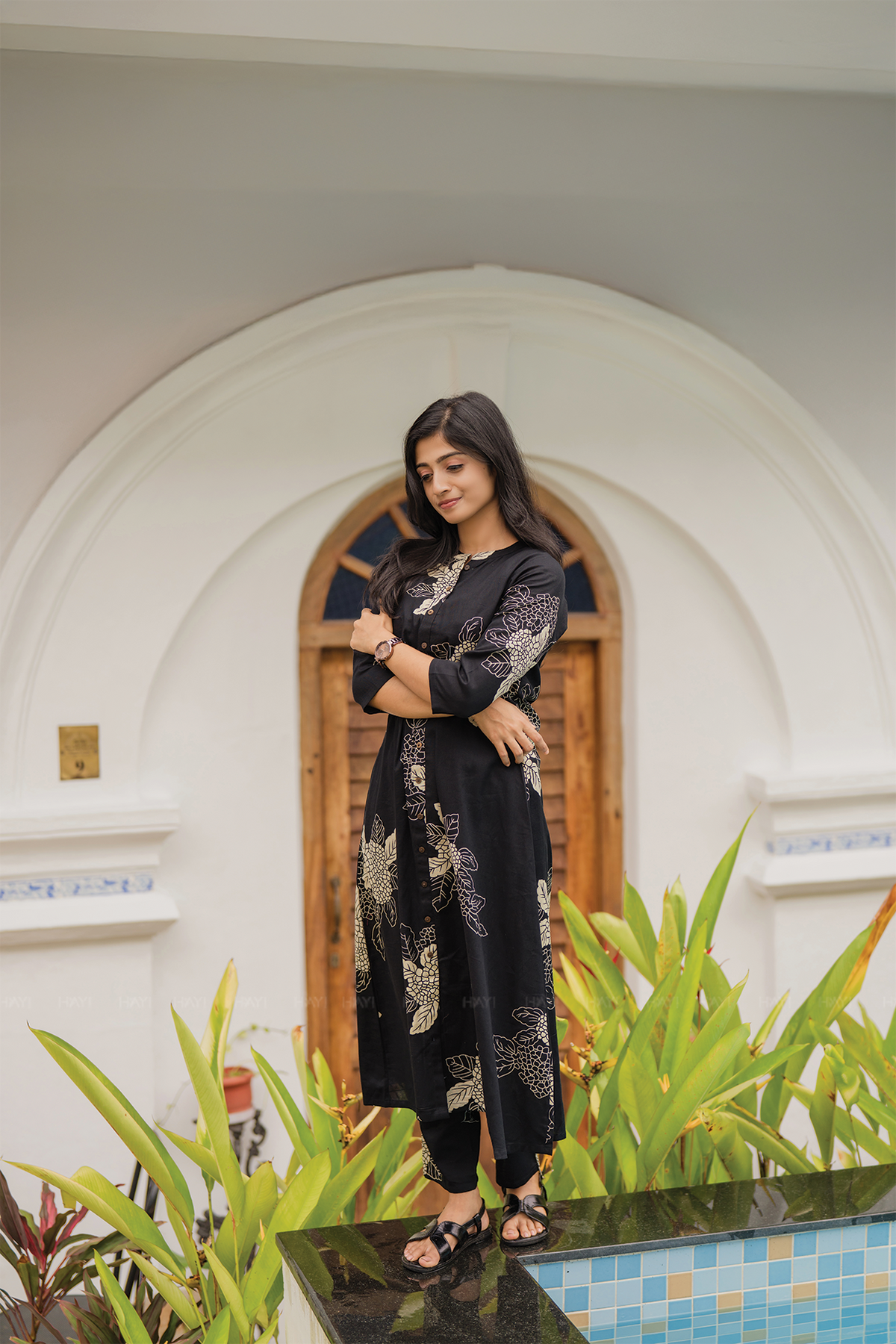 Golden Dusk Black Cotton Linen Co-ord with Chinese Collar & 3/4th Sleeves