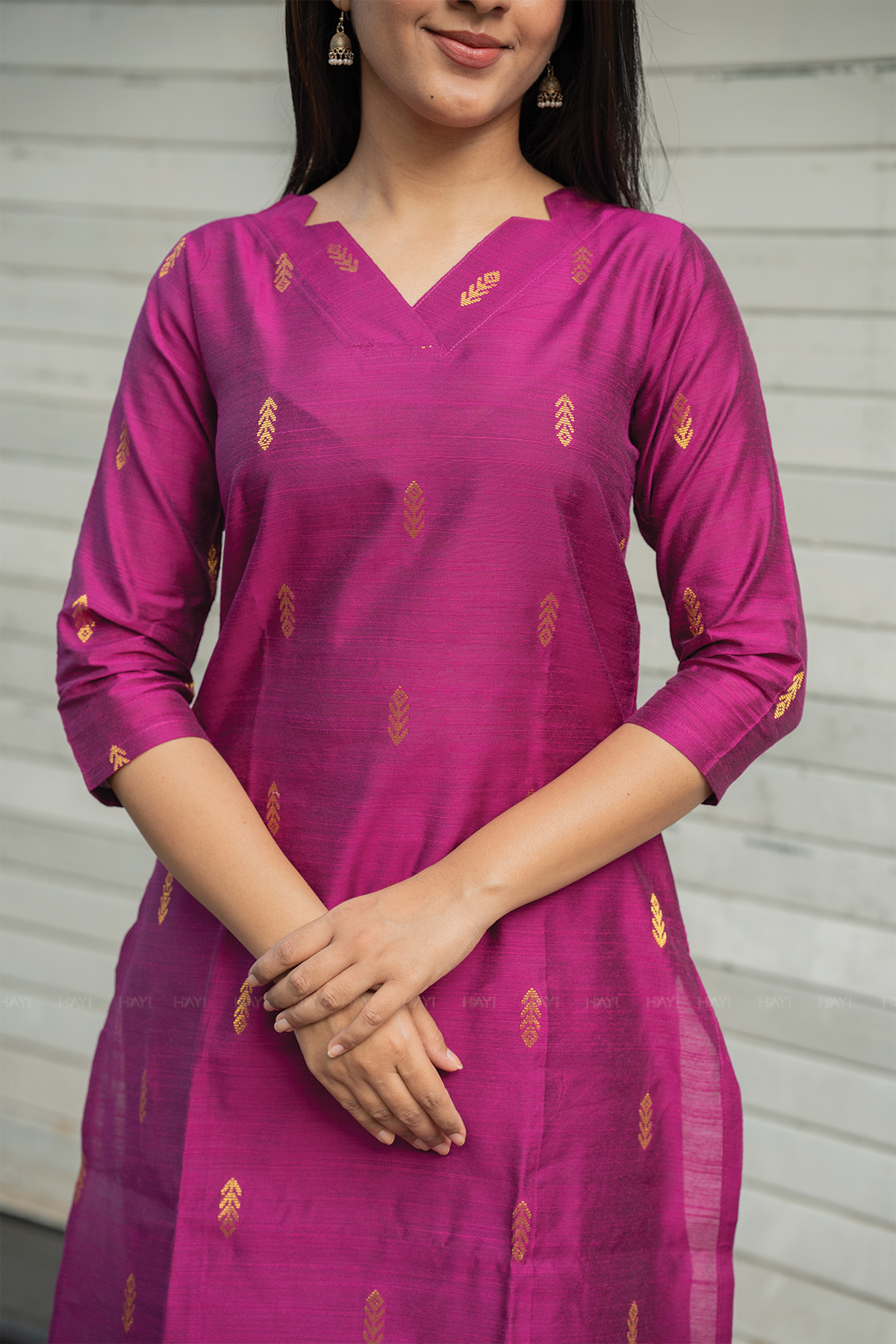 Madhura Deep Pink Viscose Jacquard Weave Co-ord with V-Neck & 3/4th Sleeves