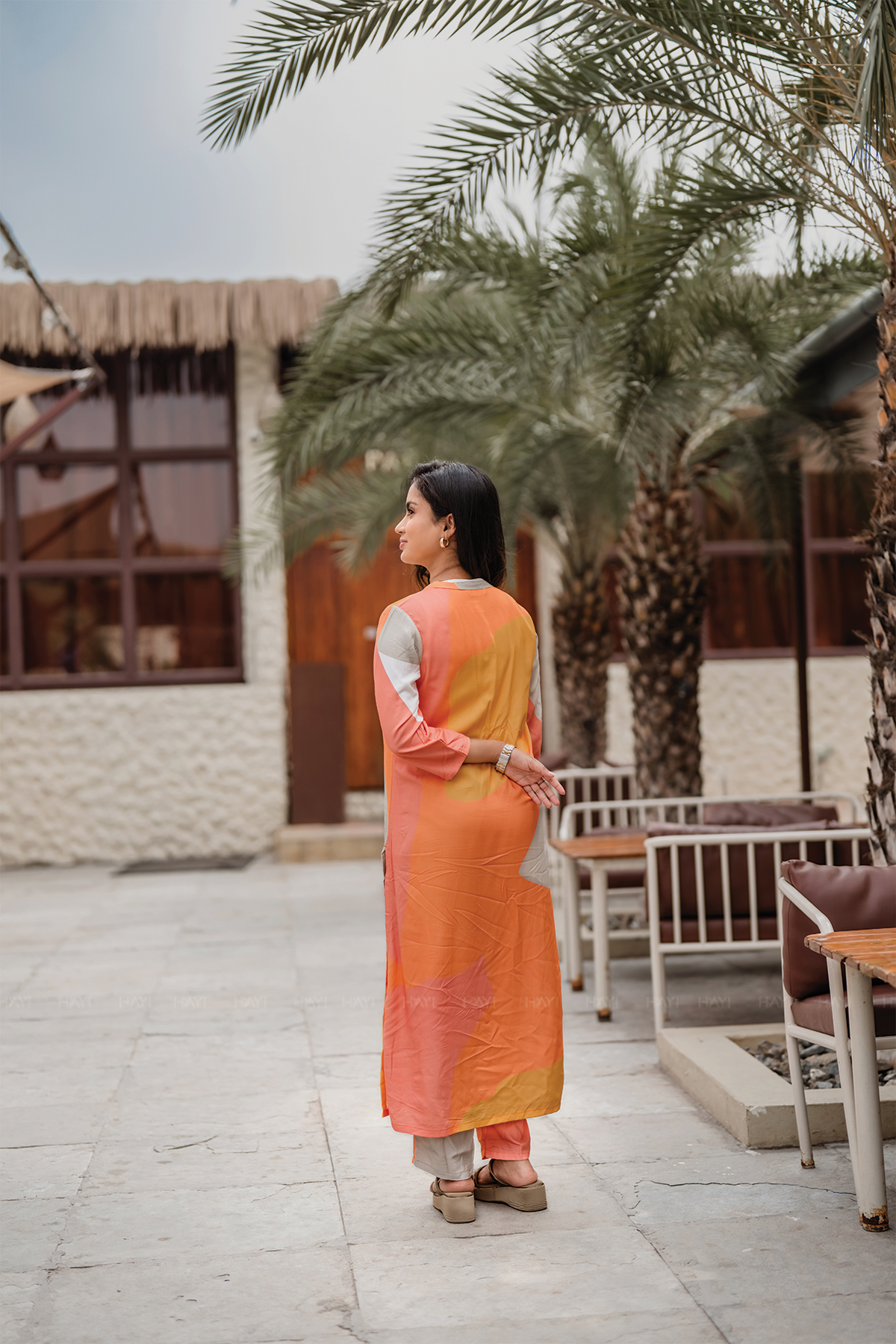 Rustic Rhythm Beige Viscose Co-ord with Chinese Collar & 3/4th Sleeves