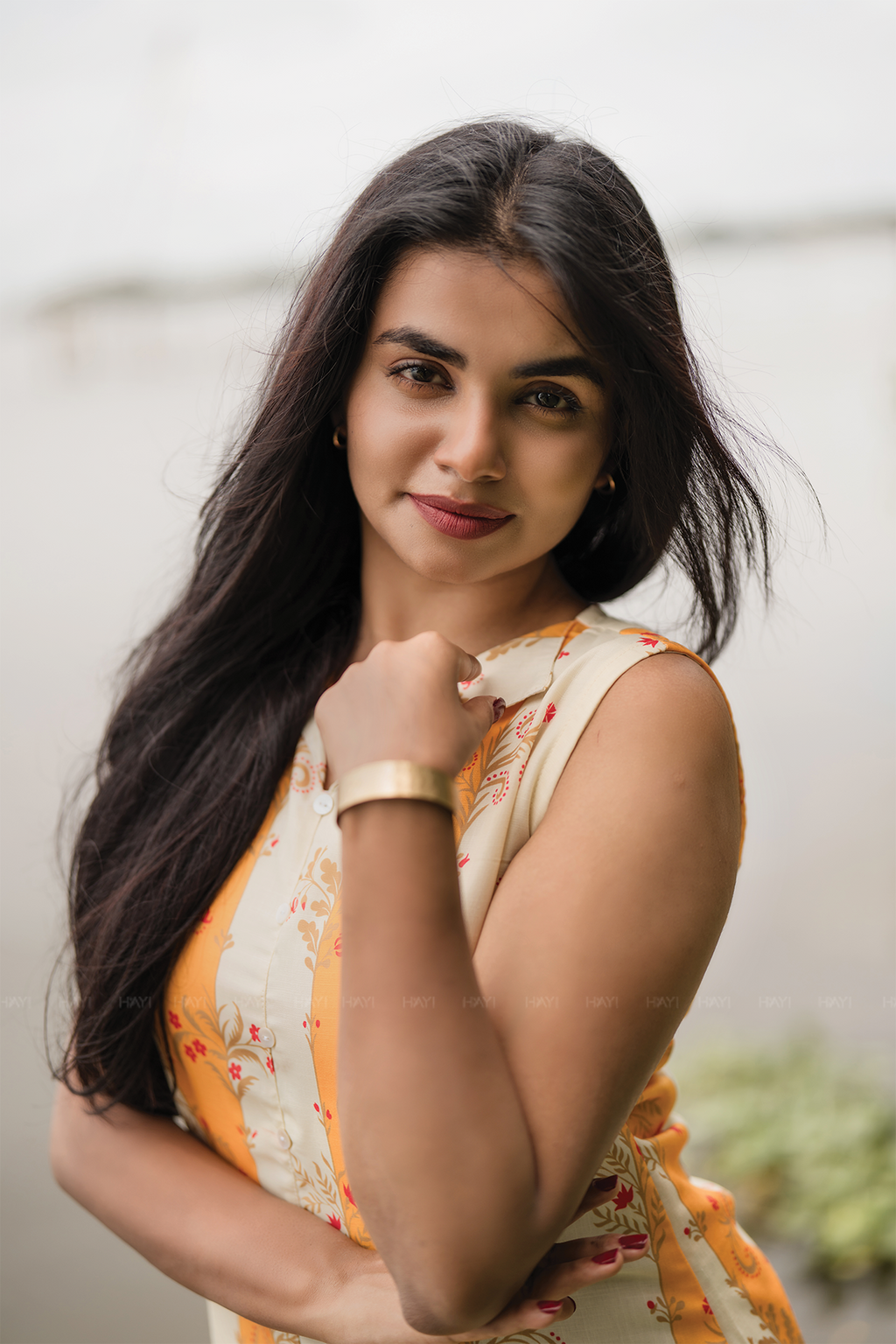 Sylan Yellow with Sunshine floral printed Linen Blend Kurta with attached 3/4th Sleeves
