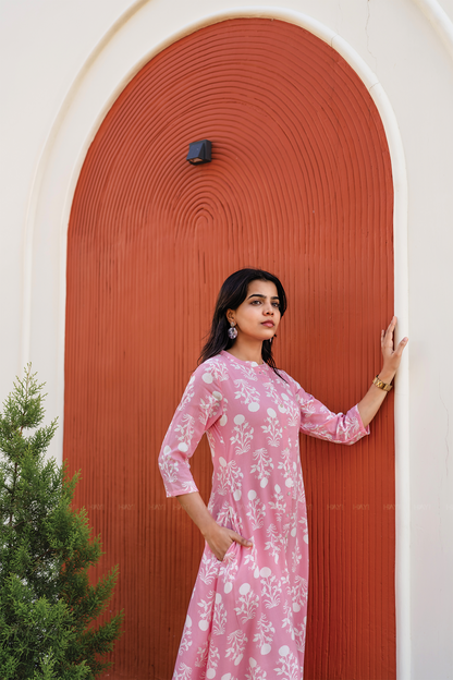 Blush Tale Pink A-line Dress with Chinese Collar & 3/4th Sleeves