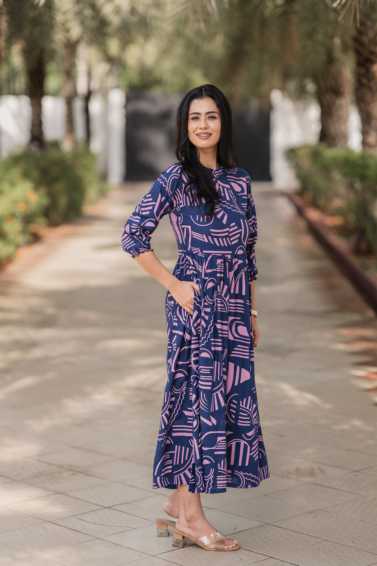 Geometric Whispers Blue Viscose Dress with Keyhole