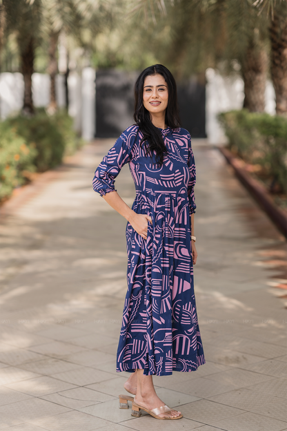 Geometric Whispers Blue Viscose Dress with Keyhole
