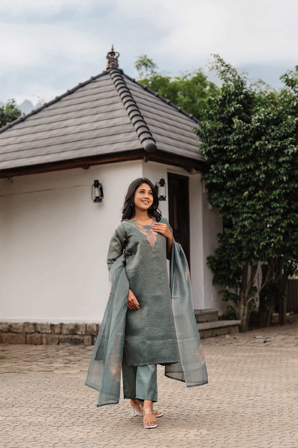 Green Mist 3 Piece Crush Silk Blend Floral Hand-Embroidered Kurta with Pant & Dupatta