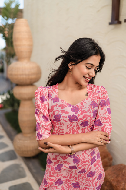 Pink Paradise Viscose kurti with Sweetheart Neck & Leg-O-Mutton Sleeves