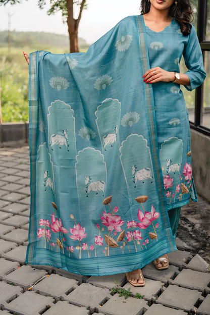Lotus Charm Blue 3 Piece Tussar Silk Blend Printed Kurta with Pant & Dupatta