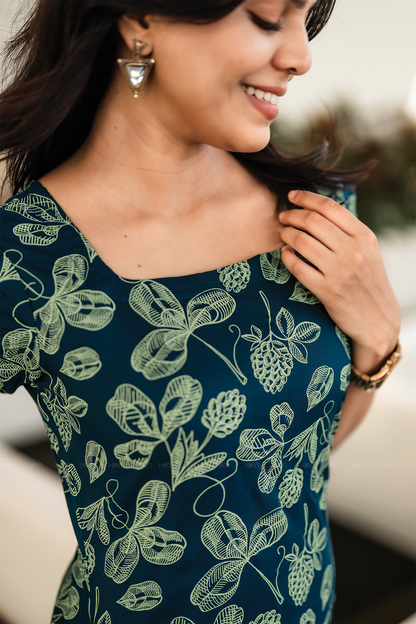 Pinecone Teal Blue Viscose Blend Kurti with Pot Neck & Puff Sleeves