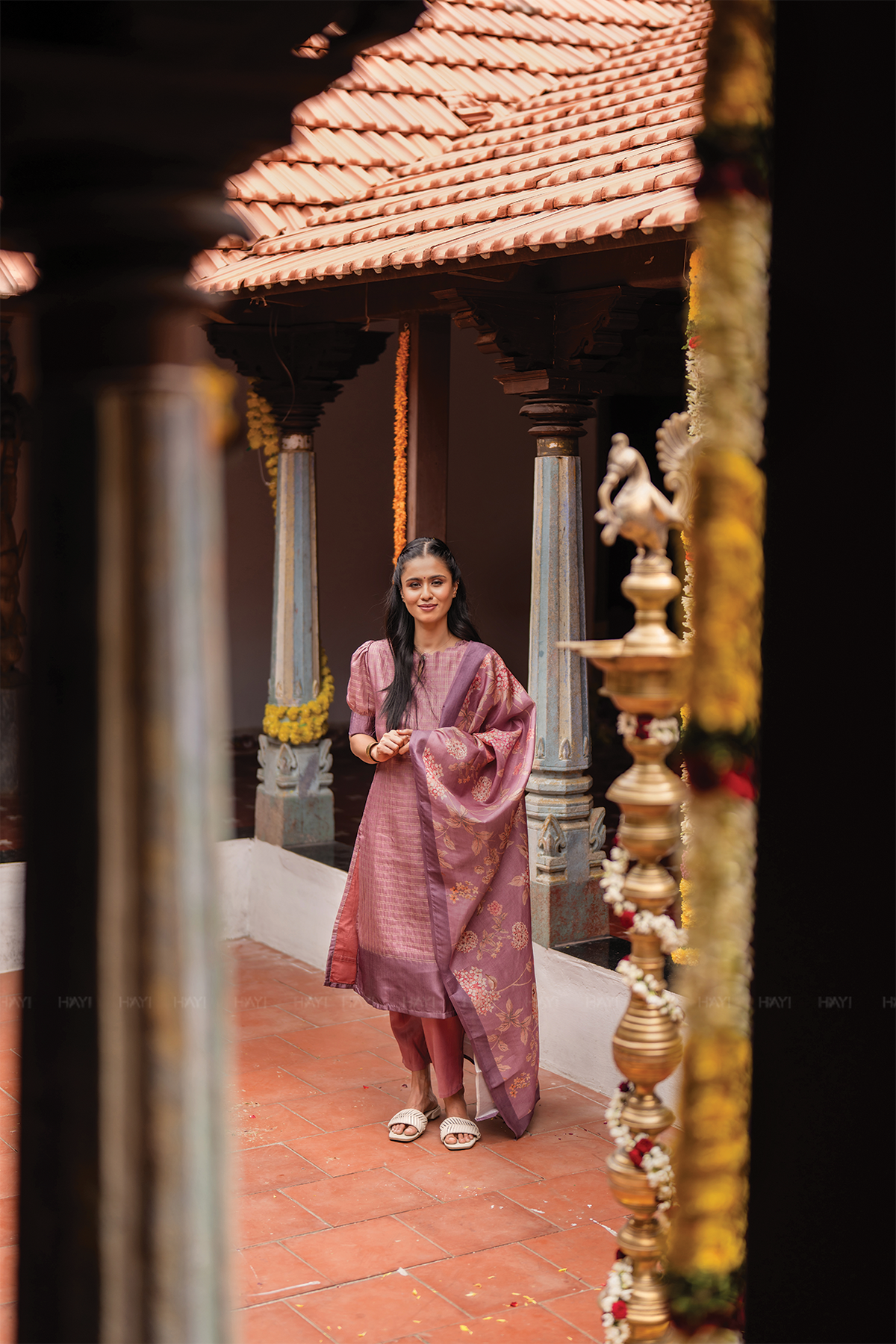 Dusky Pink Satin Daman 3 Piece Silk Check Blend Floral Printed Kurta with Pant & Dupatta