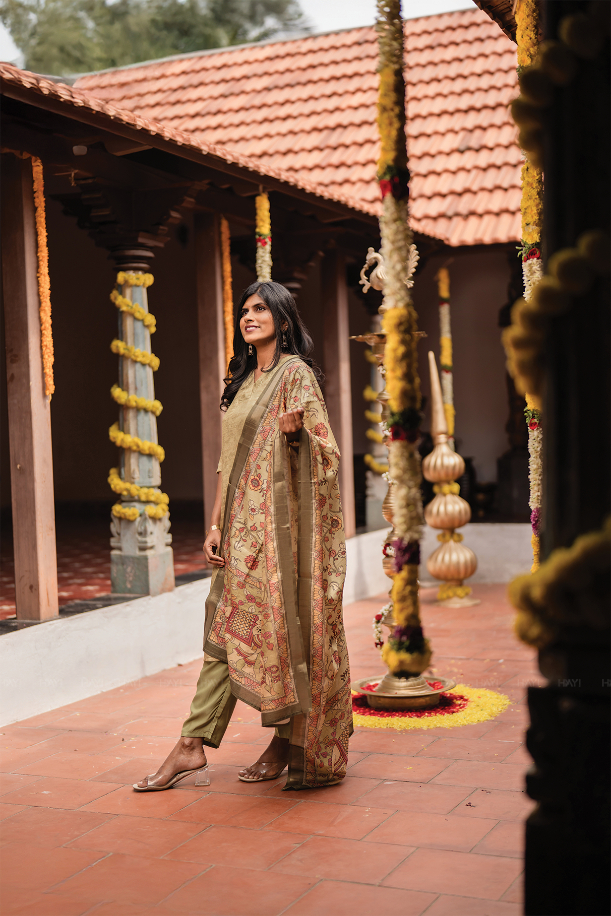 Tanira Green 3-Piece Tussar Silk Blend Floral Printed Kurta with Pant & Dupatta