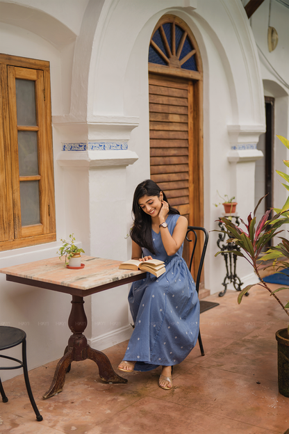 Ocean Polka Blue Handloom Cotton Dress With V Neckline