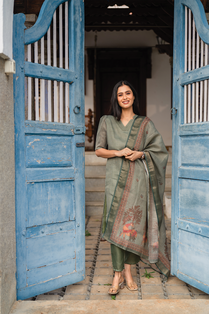 Mirga Green 3 Piece Linen Blend Printed Kurta with Pant & Dupatta