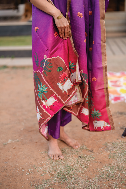 Ivanya Violet 3 Piece Tussar Silk Blend Printed Kurta with Pant & Dupatta