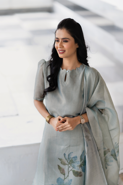 Periwinkle 3 Piece Blue Shimmer Tissue Printed Kurta with Pant & Dupatta