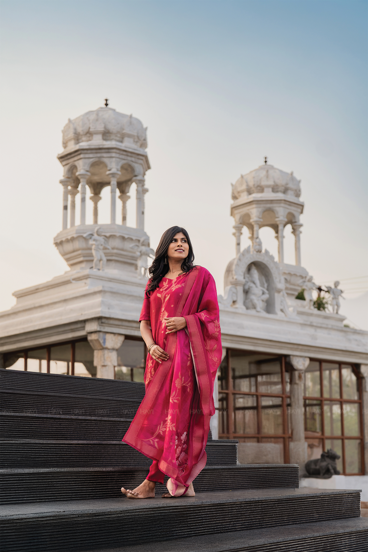 Rosewood Reddish Pink 3 Piece Jacquard Silk Blend Floral Placement Printed Kurta with Pant & Dupatta