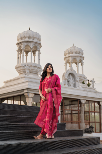 Rosewood Reddish Pink 3 Piece Jacquard Silk Blend Floral Placement Printed Kurta with Pant & Dupatta