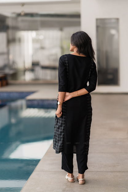 Plaid Muse Black Viscose Kurta with Embroidery and Print