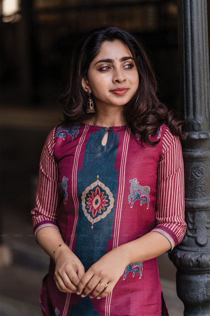 Rustic Grace Red Piece Shimmer Tissue Blend Placement Printed Kurta with Pant & Dupatta