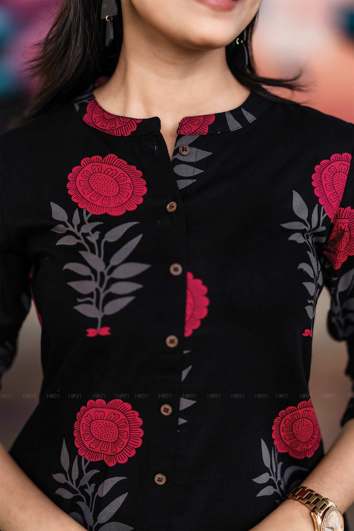 Fuchsia Mist Black Cotton Co-ord with Chinese collar & 3/4th sleeves